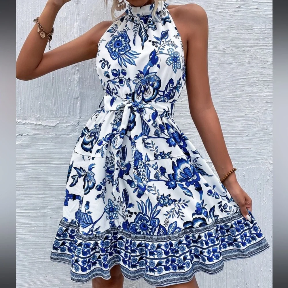 Boho Floral Paisley Print Belted Ruffle Hem Halter Dress WHITE BLUE - Picture 4 of 6